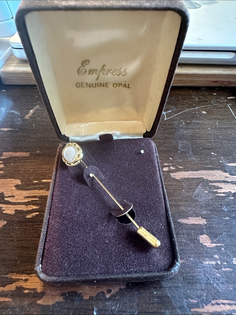 Opal stick pin, gold plate, 50s New in Box